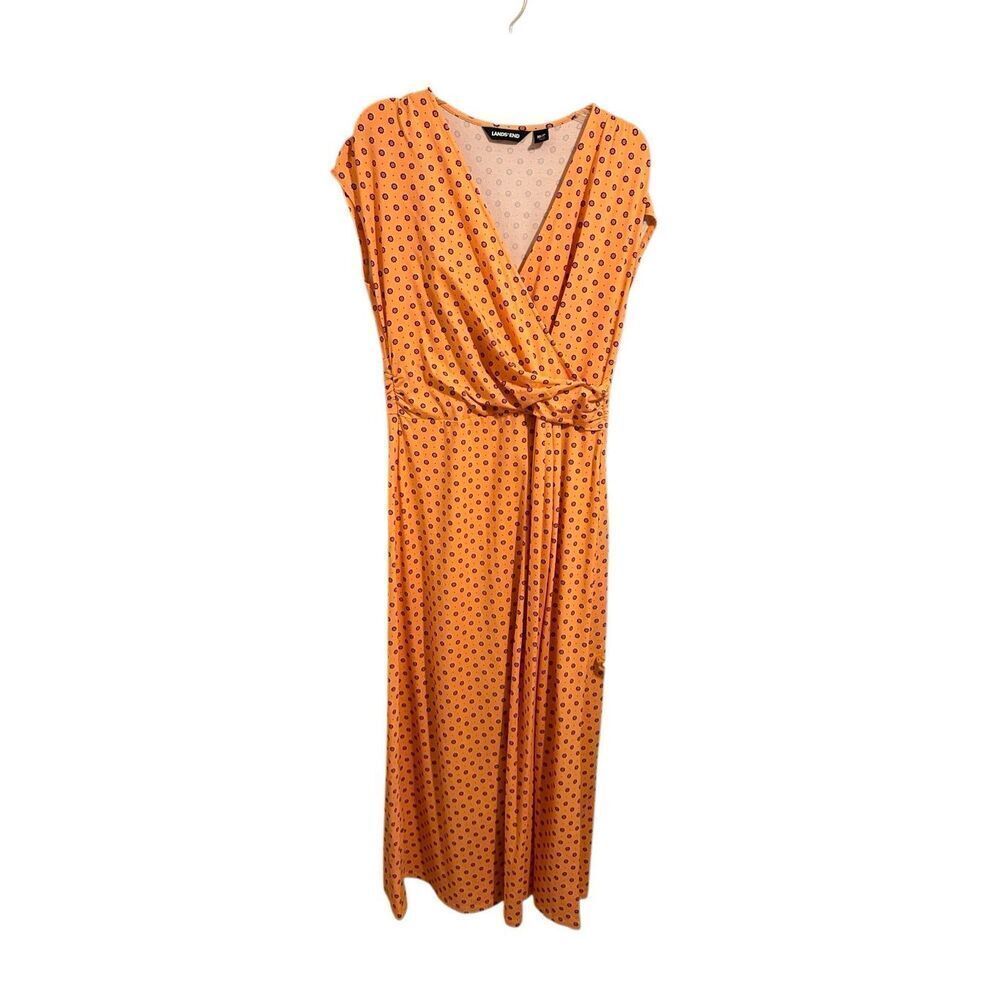 Lands' End Coral Print V-Neck Draped Wrap Midi Dress Size M/P 10-12